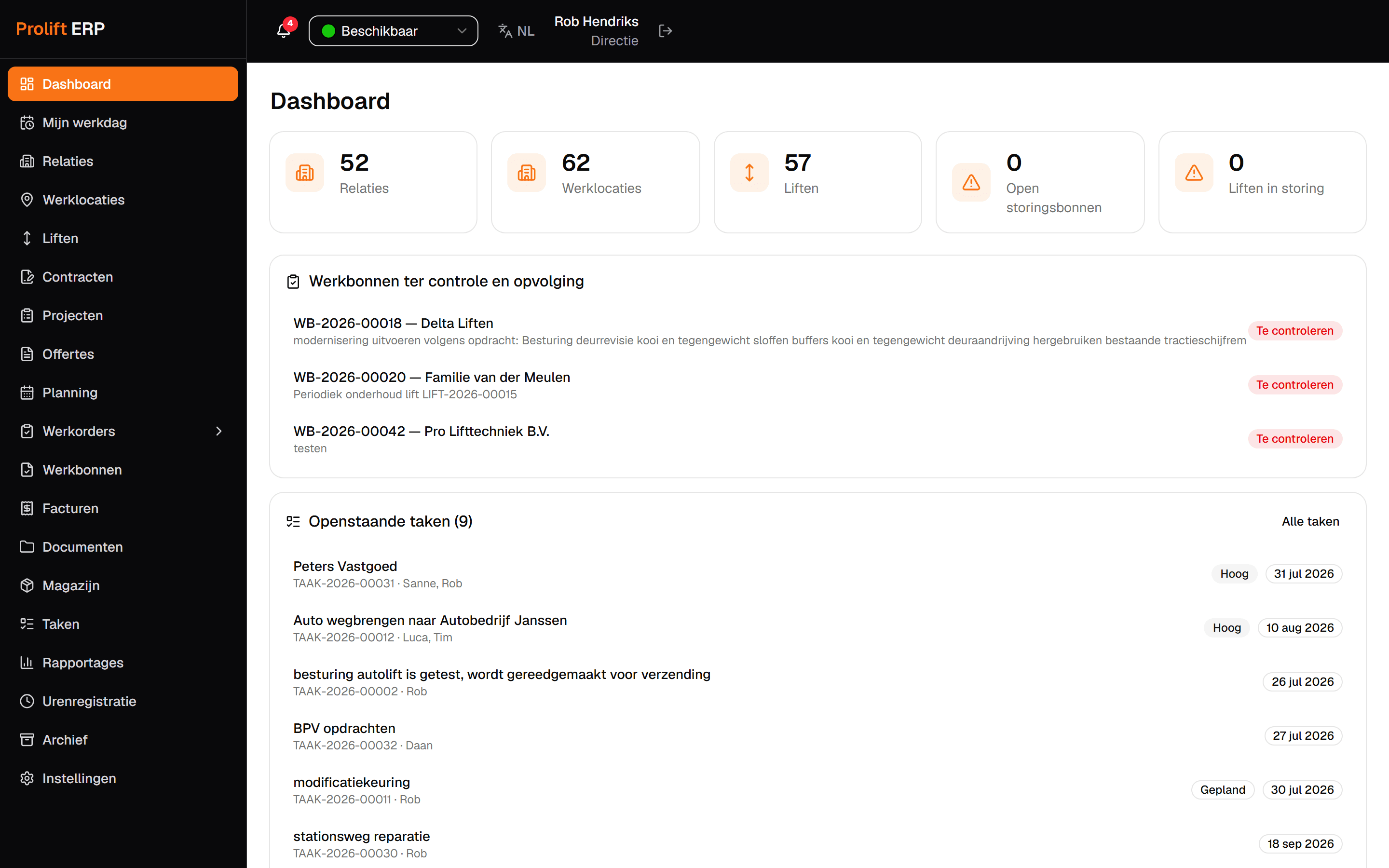 Het dashboard van Prolift ERP met kerncijfers, werkbonnen ter controle, openstaande taken en aankomende keuringen (fictieve voorbeelddata)