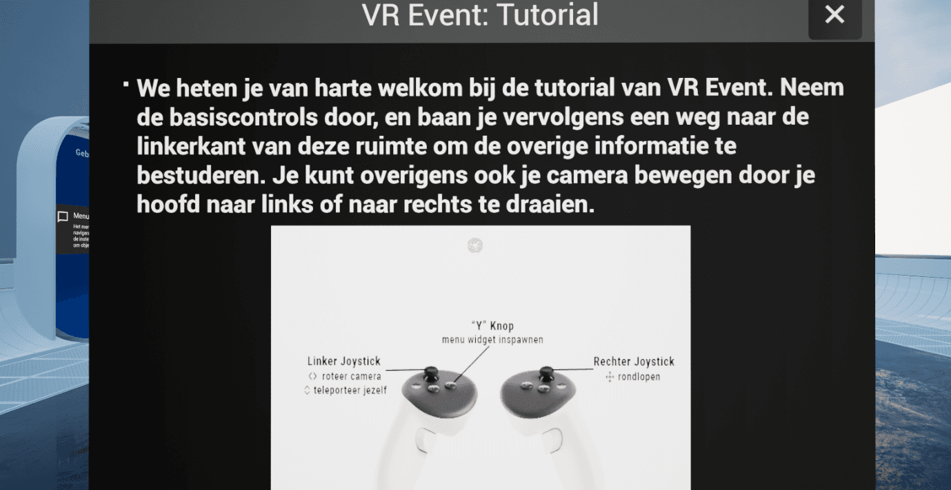 Startscherm van de tutorial in VR Event met uitleg van de knoppen op de VR-controllers